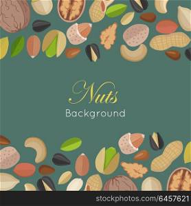 Nuts background concept vector in flat design. Walnut, cashew, pistachio, peanut, almond, sunflower, pumpkin, flax illustrations for wallpaper, polygraphy, textiles web page design surface textures. Nuts Background Concept Vector in Flat Design.