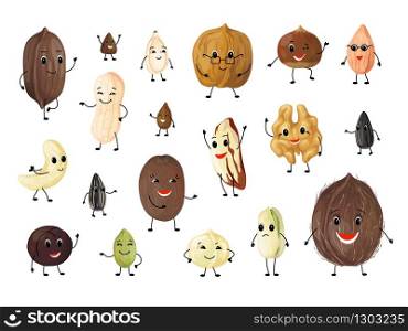 Nuts cartoon characters. Cute mascot persons for kids illustration, peanut walnut hazelnut pistachio almond macadamia pecan cashew. Vector set nature nut with face on white background. Nuts cartoon characters. Cute mascot persons for kids illustration, peanut walnut hazelnut pistachio almond macadamia pecan cashew. Vector set