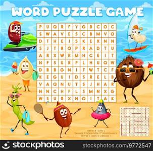 Nuts characters on summer beach, word search puzzle game worksheet. Vector kids quiz grid, crossword brainteaser for children with cartoon bean, almond, cashew, pumpkin or sunflower seeds, coconut. Nuts characters on summer beach, word search game