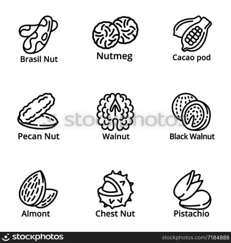 Nuts food icon set. Outline set of 9 nuts food vector icons for web design isolated on white background. Nuts food icon set, outline style