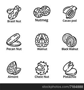 Nuts food icon set. Outline set of 9 nuts food vector icons for web design isolated on white background. Nuts food icon set, outline style