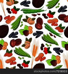 Nuts, grain, kernels and berries seamless background Wallpaper with vector pattern icons of almond, walnut, coconut, hazelnut, grain, peanut, pea, sunflower seeds, wheat, pistachio cranberry coffee beans. Nuts, grain, kernels, berries seamless background
