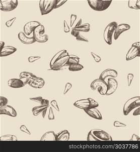 Nuts hand drawn doodles seamless pattern. Nuts hand drawn doodles seamless pattern. Almond and pecan nut, endless pattern with nuts illustration