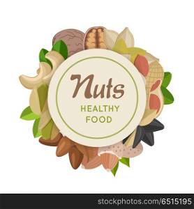 Nuts Healthy Food Concept Vector in Flat Design.. Nuts healthy food concept logo vector. Walnut, cashew, pistachio, peanut, almond, sunflower, pumpkin, flax illustrations for wallpapers, polygraphy textile web page design surface textures