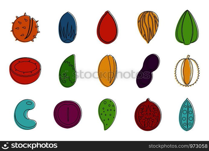 Nuts icon set. Color outline set of nuts vector icons for web design isolated on white background. Nuts icon set, color outline style