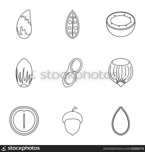 Nuts icon set. Outline set of 9 nuts vector icons for web isolated on white background. Nuts icon set, outline style
