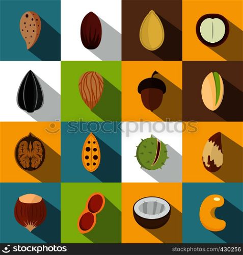 Nuts icons set. Flat illustration of 16 nuts vector icons for web. Nuts icons set, flat style