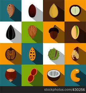 Nuts icons set. Flat illustration of 16 nuts vector icons for web. Nuts icons set, flat style