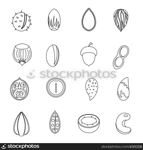 Nuts icons set. Outline illustration of 16 nuts vector icons for web. Nuts icons set, outline style