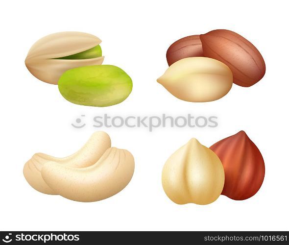 Nuts realistic. Mixed seeds dry food dried cashew vector pictures of nuts. Cashew and hazelnut, pistachio and almond, nutshell illustration. Nuts realistic. Mixed seeds dry food dried cashew vector pictures of nuts