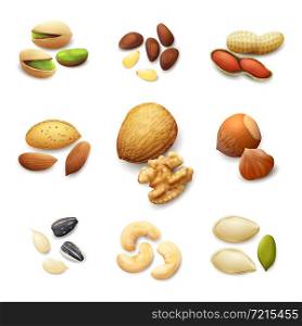 Nuts realistic set with pistachio almond walnut hazelnut isolated vector illustration. Nuts Realistic Set
