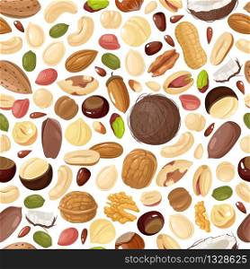 Nuts seamless pattern. Pecan and almond, macadamia and pistachios, peanut and cashew, hazelnut and walnut, brazil nut vector colorful texture. Nuts seamless pattern. Pecan and almond, macadamia and pistachios, peanut and cashew, hazelnut and walnut, brazil nut vector texture