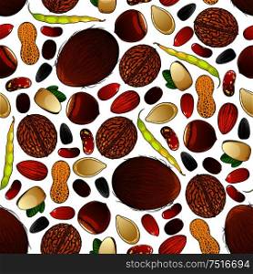 Nuts, seeds and beans seamless pattern with walnuts and almonds, coffee beans and peanuts, hazelnuts and pistachios, sunflower and pumpkin seeds, common beans and coconuts. Agriculture and healthy food theme. Nuts, seeds and beans seamless pattern