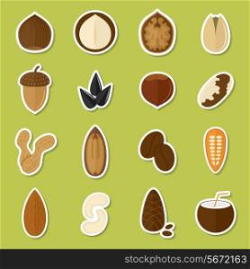 Nuts stickers set with coffee bean coconut cashew isolated vector illustration