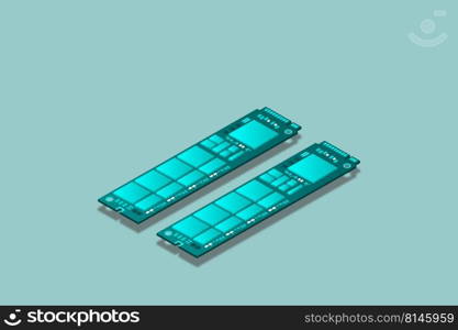 NVME Express M.2 memory realistic 3d isometric illustration, random access memory, personal computer hardware component, custom gaming and workstation accessories, vector illustration.