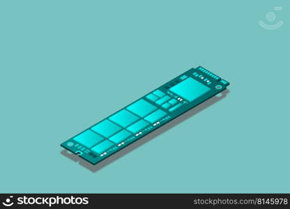 NVME Express M.2 memory realistic 3d isometric illustration, random access memory, personal computer hardware component, custom gaming and workstation accessories, vector illustration.