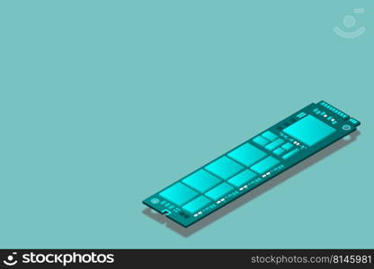 NVME Express M.2 memory realistic 3d isometric illustration, random access memory, personal computer hardware component, custom gaming and workstation accessories, vector illustration.