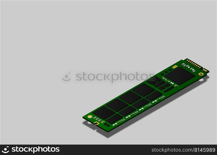 NVME Express M.2 memory realistic 3d isometric illustration, random access memory, personal computer hardware component, custom gaming and workstation accessories, vector illustration.
