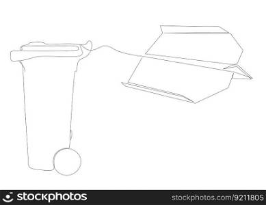 O≠continuous li≠of Paper Airpla≠with Garba≥Bin. Thin Li≠Illustration vector concept. Contour Drawing Creative ideas.