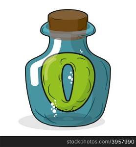 O in bottle for scientific research. letter in a magical vessel with a wooden stopper. Laboratory for experiments and tests.