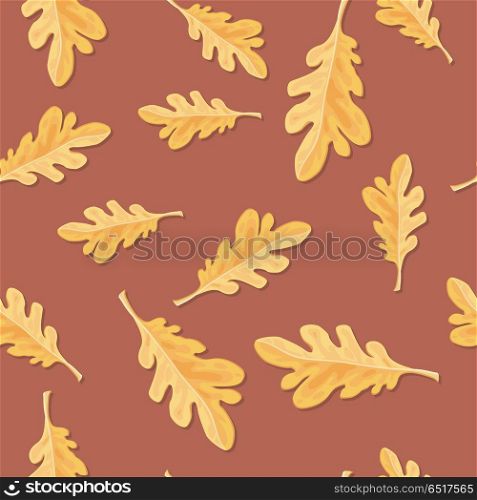Oak leaves vector seamless pattern. Flat style illustration. Yellow leaves of oak tree on brown background. Autumn defoliation. For wrapping paper, greeting card, invitation, printing materials design. Oak Leaves Seamless Pattern Vector Illustration. Oak Leaves Seamless Pattern Vector Illustration
