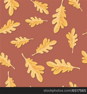 Oak leaves vector seamless pattern. Flat style illustration. Yellow leaves of oak tree on brown background. Autumn defoliation. For wrapping paper, greeting card, invitation, printing materials design. Oak Leaves Seamless Pattern Vector Illustration. Oak Leaves Seamless Pattern Vector Illustration