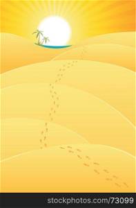 Oasis In The Desert. Illustration of a cartoon long journey inside desert landscape with footprints leading to oasis