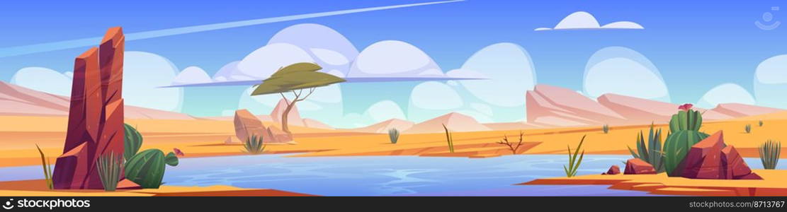 Oasis with blue water and plants in african desert. Vector cartoon panoramic illustration of sand desert landscape with green cactuses, river and mountains. Oasis with blue water and plants in african desert