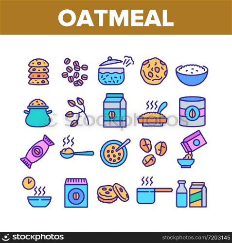 Oatmeal Healthy Food Collection Icons Set Vector. Oat Cookies And Porridge Cereal Breakfast, Oatmeal And Agriculture Organic Crop Products Concept Linear Pictograms. Color Illustrations. Oatmeal Healthy Food Collection Icons Set Vector