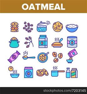 Oatmeal Healthy Food Collection Icons Set Vector. Oat Cookies And Porridge Cereal Breakfast, Oatmeal And Agriculture Organic Crop Products Concept Linear Pictograms. Color Illustrations. Oatmeal Healthy Food Collection Icons Set Vector