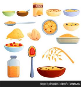 Oatmeal icons set. Cartoon set of oatmeal vector icons for web design. Oatmeal icons set, cartoon style