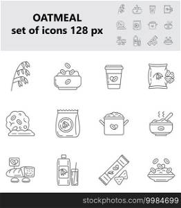 Oatmeal icons set vector in big and small size. Oat, flour bag. Cookies, package of milk, granola candy bar signs. Porridge in pot, plate symbols. Oatmeal cereal, chips and fast breakfast are shown.. Oatmeal icons set vector in big and small size. Oat, flour bag. Cookies, package of milk, granola candy bar signs. Porridge in pot, plate symbols. Oatmeal cereal, chips and fast breakfast