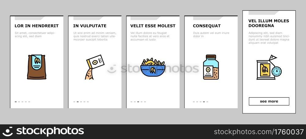 Oatmeal Nutrition Onboarding Mobile App Page Screen Vector. Oat And Flour Bag, Cookies And Milk, Bar And Oatmeal Porridge, Boiling And Cooked Breakfast Illustrations. Oatmeal Nutrition Onboarding Icons Set Vector