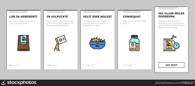 Oatmeal Nutrition Onboarding Mobile App Page Screen Vector. Oat And Flour Bag, Cookies And Milk, Bar And Oatmeal Porridge, Boiling And Cooked Breakfast Illustrations. Oatmeal Nutrition Onboarding Icons Set Vector