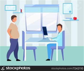 Obese man visiting doctor flat vector illustration. Overweight adult consulting nutritionist cartoon characters. Male physician, dietitian examining patient with obesity problem in hospital