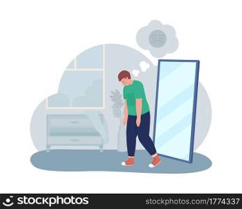 Obese unhappy teen boy 2D vector isolated illustration. Sad kid with depressing thoughts. Fat child in front of mirror flat characters on cartoon background. Teenager problem colourful scene. Obese unhappy teen boy 2D vector isolated illustration