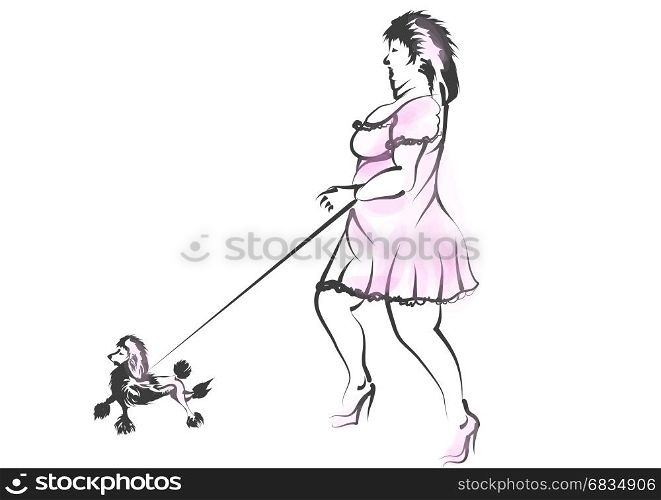 obese woman with dog isolated on white background