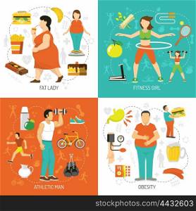 Obesity And Health Concept. Obesity and health concept with fat people junk food diet sportive girl athletic man isolated vector illustration