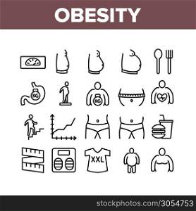 Obesity And Overweight Collection Icons Set Vector Thin Line. Obesity Person And Xxl T-shirt, Unhealthy Food And Flatware Concept Linear Pictograms. Monochrome Contour Illustrations. Obesity And Overweight Collection Icons Set Vector