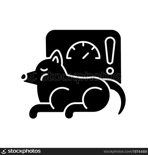 Obesity black glyph icon. Body fat excessive amount. Pet disease. Overweight illness. Overfeeding and activity lack problems. Silhouette symbol on white space. Vector isolated illustration. Obesity black glyph icon