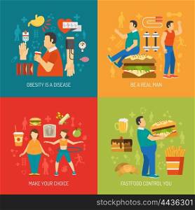 Obesity Concept Flat. Concept color flat that draws attention to the problem of obesity and agitating fight overweight vector illustration