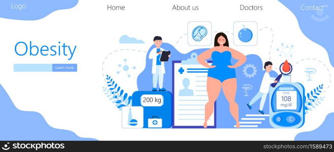 Obesity concept vector for web, homepage. Obsessive woman is standing in swimsuit.. Obesity concept vector for web, homepage. Obsessive woman is standing