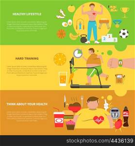 Obesity Horizontal Banners. Obesity horizontal banners with healthy lifestyle elements hard training for weight loss and unhealthy food icons set flat vector illustration