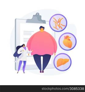 Obesity problem. Overweight man medical consultation and diagnostics. Negative impact of obesity on humans health and internal organs. Vector isolated concept metaphor illustration. Obesity problem vector concept metaphor