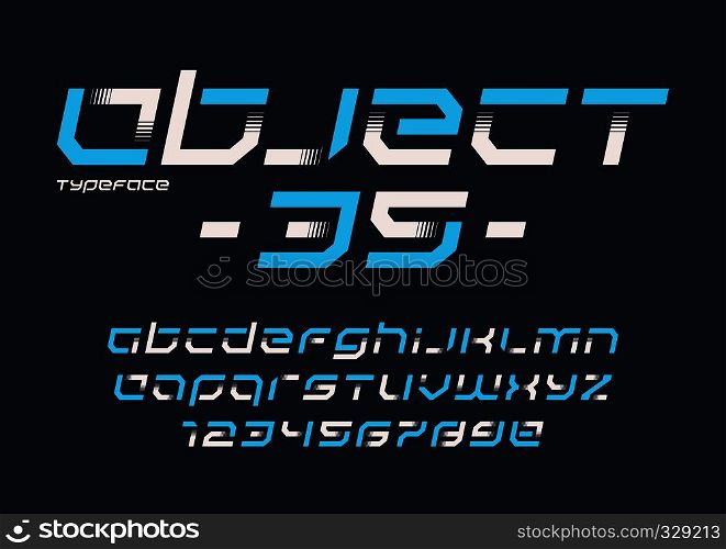 Object 35 vector futuristic industrial display typeface design, alphabet, character set, font, typography, letters and numbers. Swatch color control.. Object 35 vector futuristic industrial display typeface design,