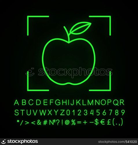 Object detection app neon light icon. Deep learning. Artificial intelligence. Apple in focus. Glowing sign with alphabet, numbers and symbols. Vector isolated illustration. Object detection app neon light icon