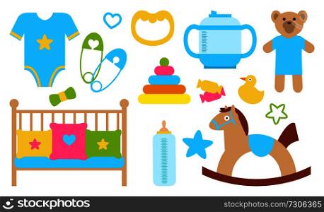 Objects and items for kids, poster with toys and cradle, containers made of plastic and clothes, icons of stars, vector illustration isolated on white. Objects and Items for Kids Poster Vector Illustration