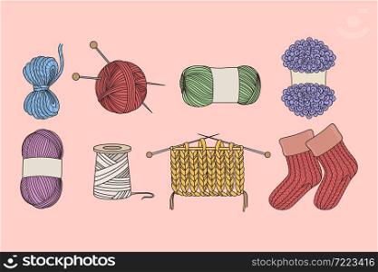 Objects and tools for knitting concept. Set of colorful wool threads needles for knitting hobby and red knit socks over pink background vector illustration . Objects and tools for knitting concept