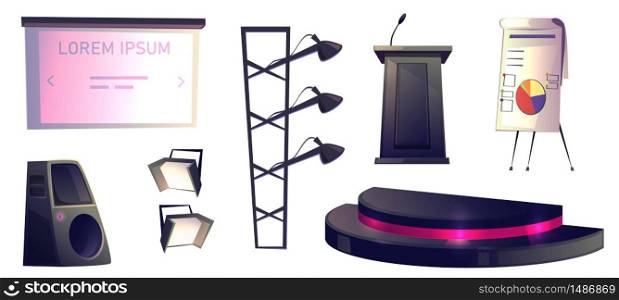 Objects for conference, pulpit or tribune with microphone, stage, lighting equipment with spotlights on rack, dynamic, screen for presentation and flip chart isolated on white, cartoon vector set. Objects for conference, tribune, stage and light