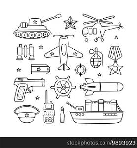 Objects for Defender of the Fatherland Day 23 february and Victory day 9 may. Hand drawn vector illustration on white background. Objects for Defender of the Fatherland Day 23 february and Victory day 9 may.